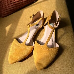 Nina Mustard Yellow Suede Pointed T-Strap Flats